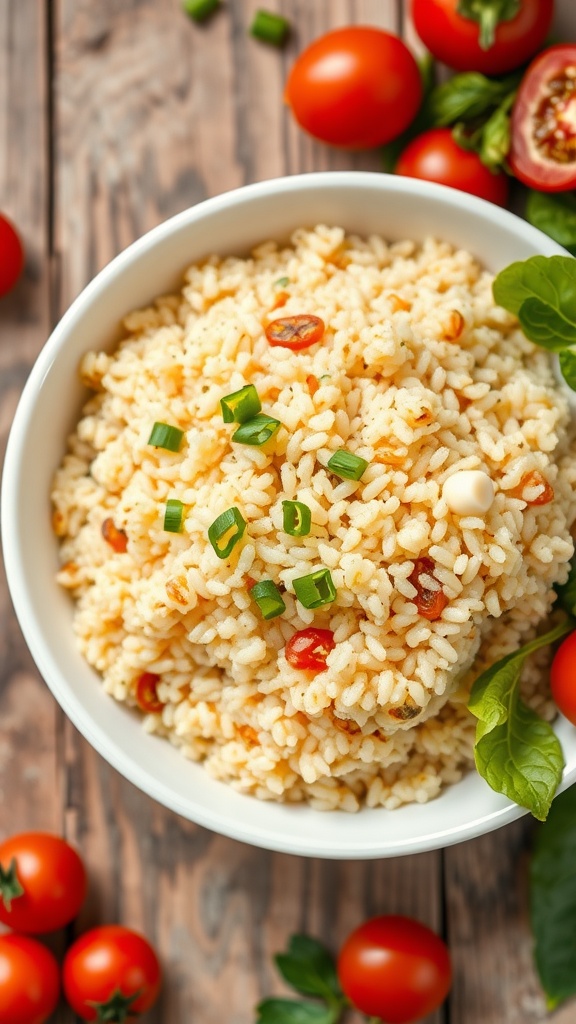 Fluffy cooked quinoa in a bowl garnished with herbs, surrounded by fresh vegetables.